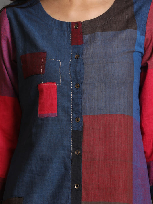 Indigo-Red Khadi Half Half Front Open Kurta With Kantha Hand Embroidery Detailing