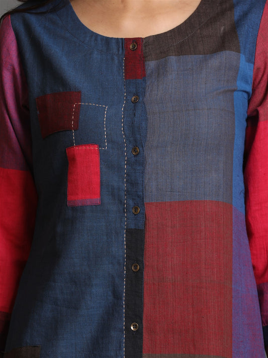 Red-Blue Checks Handwoven Front Open Half & Half Kurta with Hand Embroidery Detailing