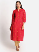 Red Hand Embroidered Cotton Straight Cut Kurta