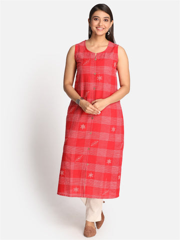 Red Checks A Line Sleeveless Kurta With All Over Embroidery