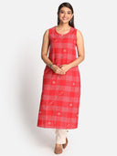 Red Checks A Line Sleeveless Kurta with Hand Embroidery Detailing