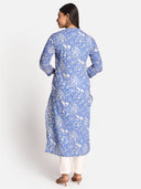 Blue Printed Cotton Kurta with Hand Embroidery Detailing