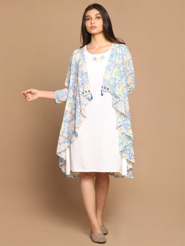 White-Blue Sleeveless Cotton Hand Embroidered Dress with block printed asymmetrical Shrug ( 2 pcs set )