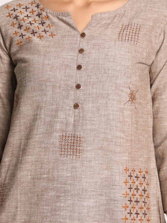 Beige Khadi Kurta With All Over Kantha Hand Embroidery