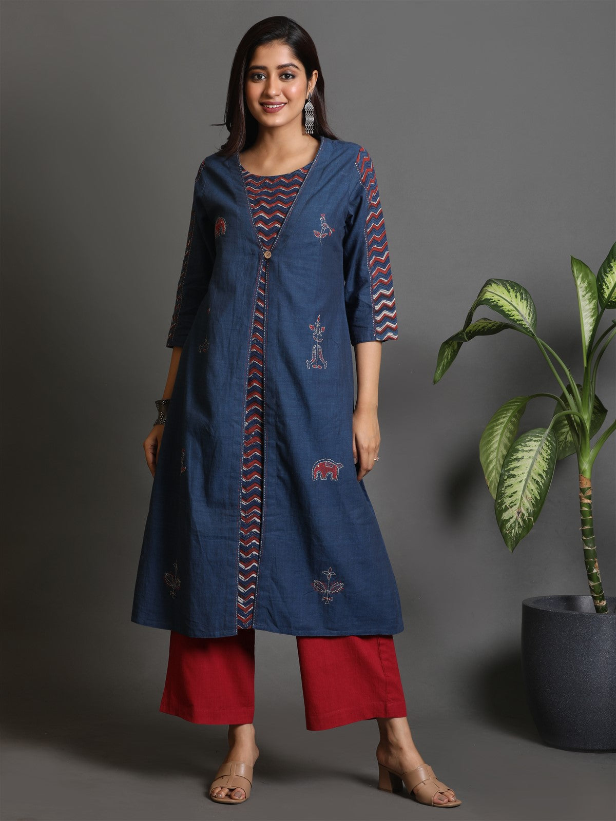 Indigo Khadi Kurta With Jacket Style All Over Kantha Hand Embroidery Detailing