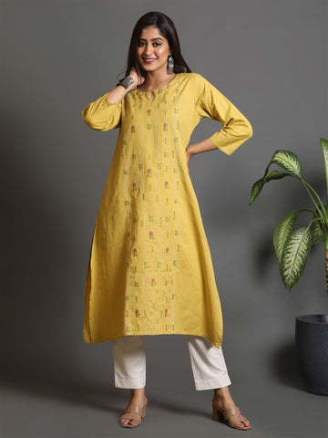 Mustard Front Panel Kurta With All Over Floral Hand Embroidered
