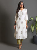 White Block-Printed Cotton Kurta with Sequin Work