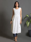 White Sleeveless Long Floral Kantha Kurta