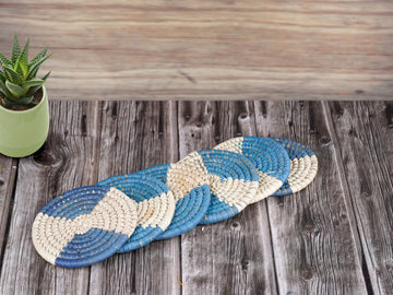 Handmade Sabai Grass Coasters-Set Of 6 (Sky Blue)