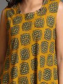 Mustard Ajrakh Hand Block Printed Hand Embroidered Bias Dress