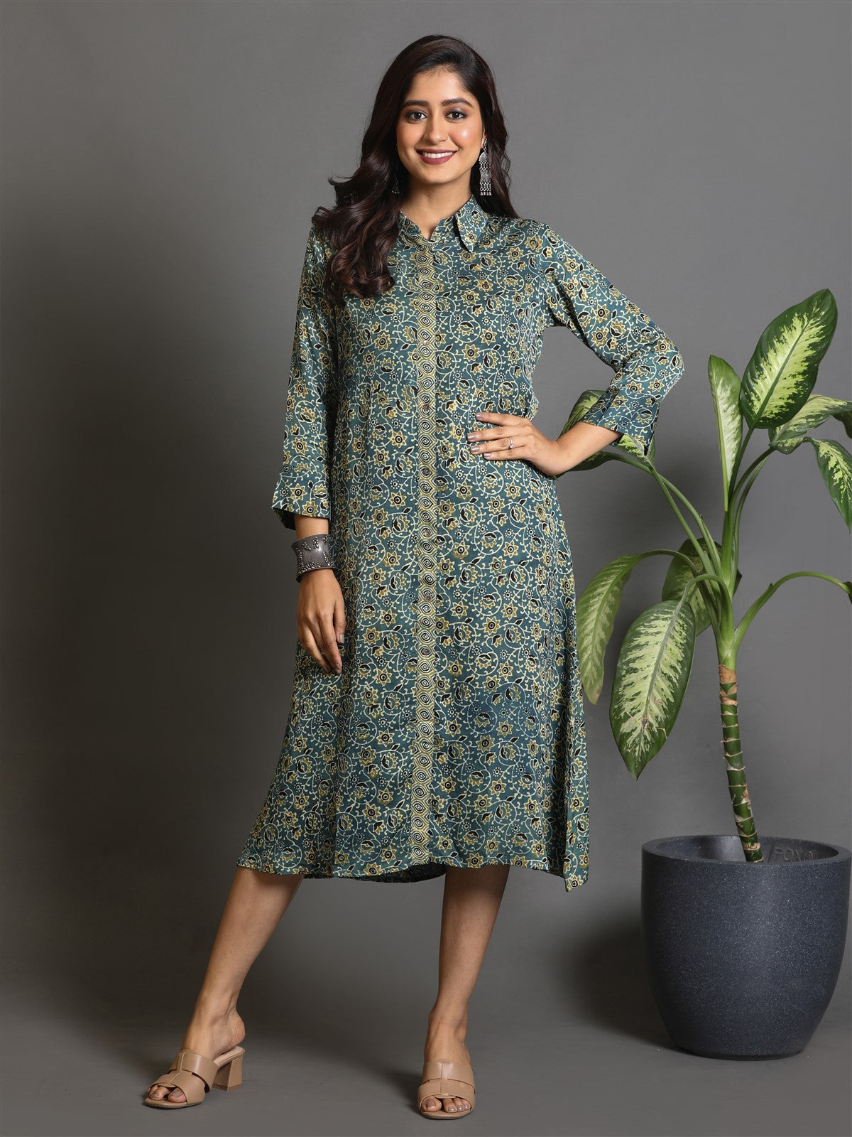 Ash-Green Ajrakh Block-Printed Modal Silk Shirt Collar Dress