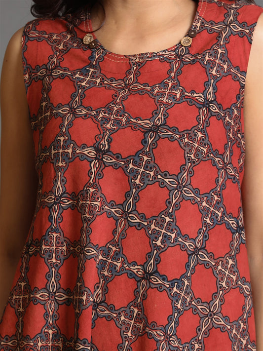 Red Ajrakh Block-Printed Bais Dress With Kantha Hand Embroidery Detailing