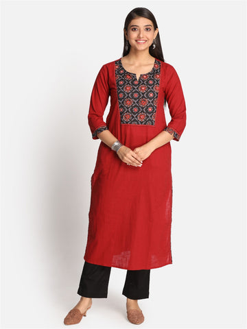 Red Cotton Kurta With Hand Embroidered And Mirror Work
