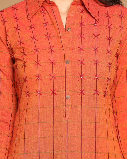 Fire Cotton Checks Shirt Collar Kurta With  Flower Kantha Hand Embroidery