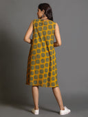 Mustard Ajrakh Hand Block Printed Hand Embroidered Bias Dress