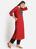 Red Hand Embroidered Mirror Work Cotton Kurta