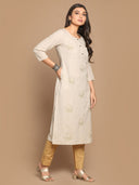 Beige Floral Hand Embroidered Cotton Kurta