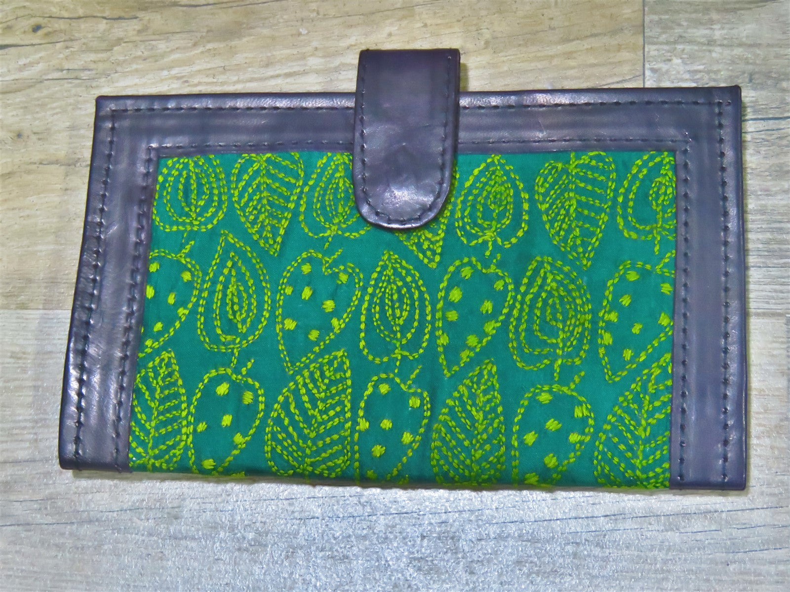 Dark Green Handcrafted Bengal Kantha Embroidery Clutch Wallet