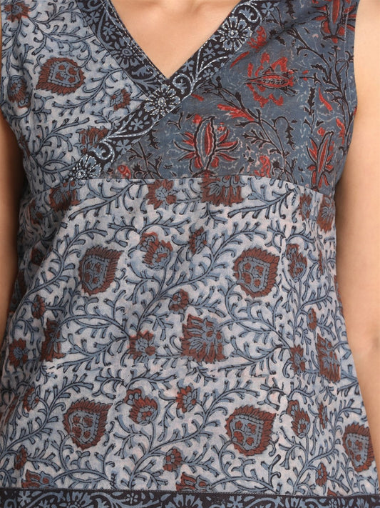 Blue Ajrakh Printed Sleeveless Angrakha Hand Embroidered Top