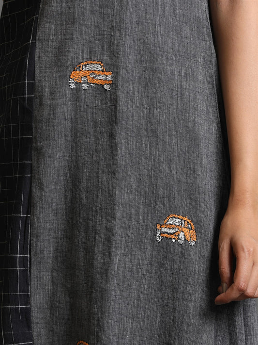 Grey-Black Khadi Taxi Kurta With Kantha Hand Embroidery Detailing