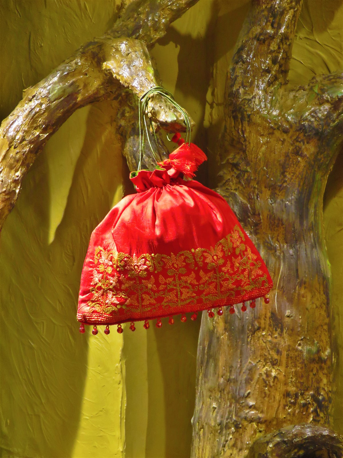 Red Handcrafted Silk Kantha Embroidery Potli Batua