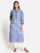 Blue Printed Cotton Kurta with Hand Embroidery Detailing