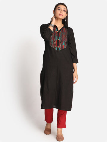 Black Khadi Kurta With Kantha Hand Embroidered On Yoke
