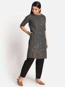 Black Checks Floral Hand Embroidered Cotton Dress