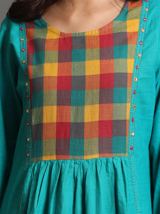 Green Handwoven Pleated Kurta with Multicolour Checks