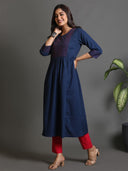 Indigo Hand Embroidered Cotton A-Line Kurta