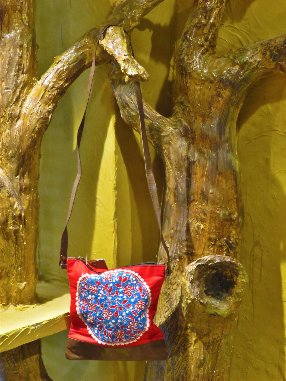 Bright Red Handcrafted Kantha Embroidery Cotton & Leather Sling Bag