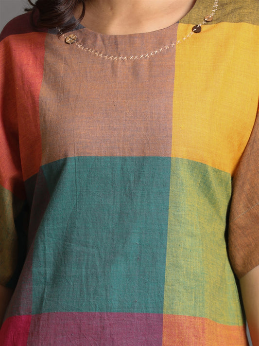 Multicolor Checks Khadi Antifit Co-Ord Set With Kantha Detailing