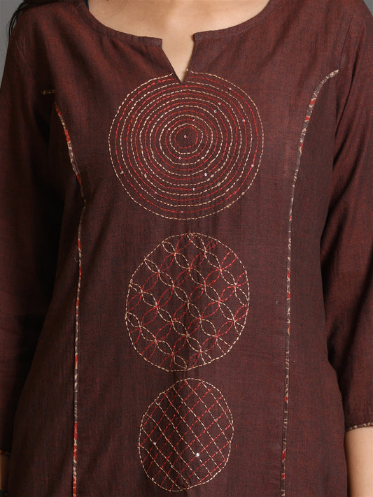 Brown Khadi Kurta With Circle Kantha Hand Embroidery
