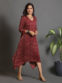 Red Ajrakh Block-Printed Modal Silk Cowl Dress