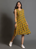 Mustard Ajrakh Hand Block Printed Hand Embroidered Bias Dress