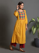 Yellow Checks Handwoven Pleated Kurta