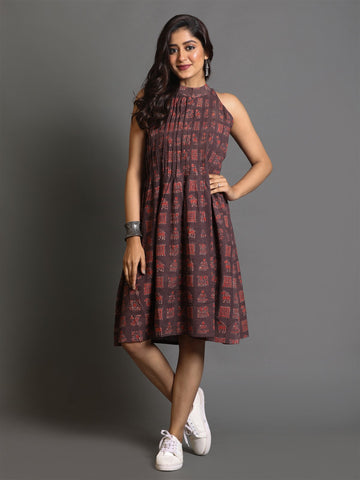 Brown Ajrakh Hand Block Printed Pleated Sleeveless Dress