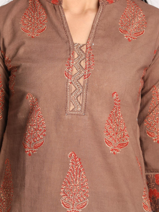 Brown Ajrakh Printed Hand Embroidered Kurti