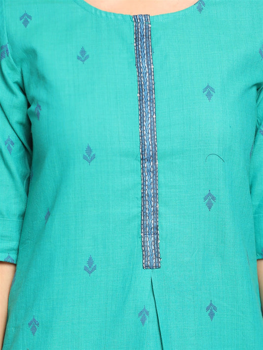 Turquoise Kantha Hand Embroidered Cotton Kurta