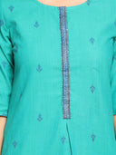 Turquoise Hand Embroidered Cotton Straight Cut Kurta