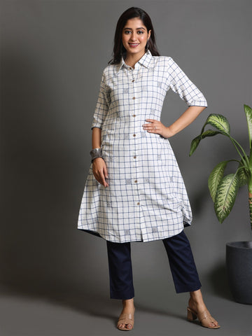 White-Blue Khadi Shirt Collar Kurta All Over Kantha Hand Embroidery Detailing