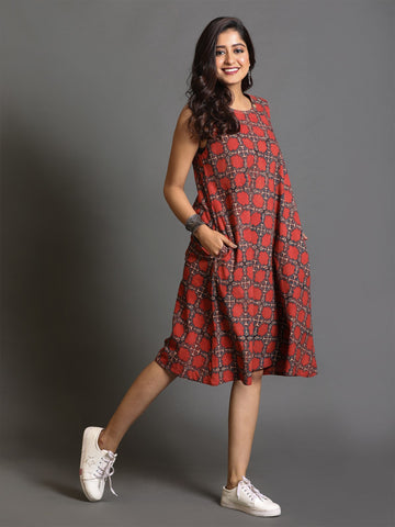 Red Ajrakh Block-Printed Bais Dress With Kantha Hand Embroidery Detailing