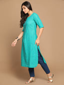 Turquoise Hand Embroidered Cotton Straight Cut Kurta