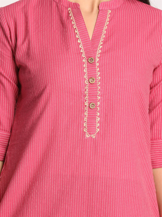 Pink Straight Kurta With Placket Embroidery
