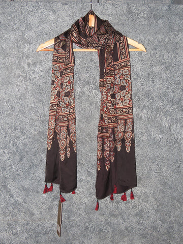 Black-Red Ajrakh Blocked Printed Stole With Tassels