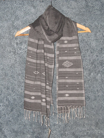 Grey With White Buta Jamdani Stoles With Fringes