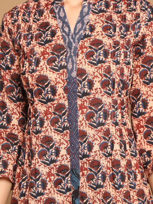 Maroon Ajrakh Printed Cotton A-Line Pleated Kurta With Kantha Hand Embroidery Detailing