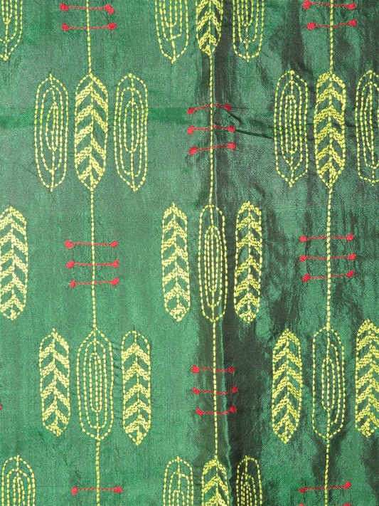 Green Silk Leaf Kantha Hand Embroidery Stole with Tassels