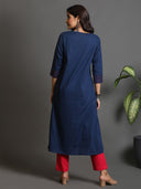 Indigo Hand Embroidered Cotton A-Line Kurta
