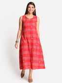 Red Checks A Line Sleeveless Kurta with Hand Embroidery Detailing